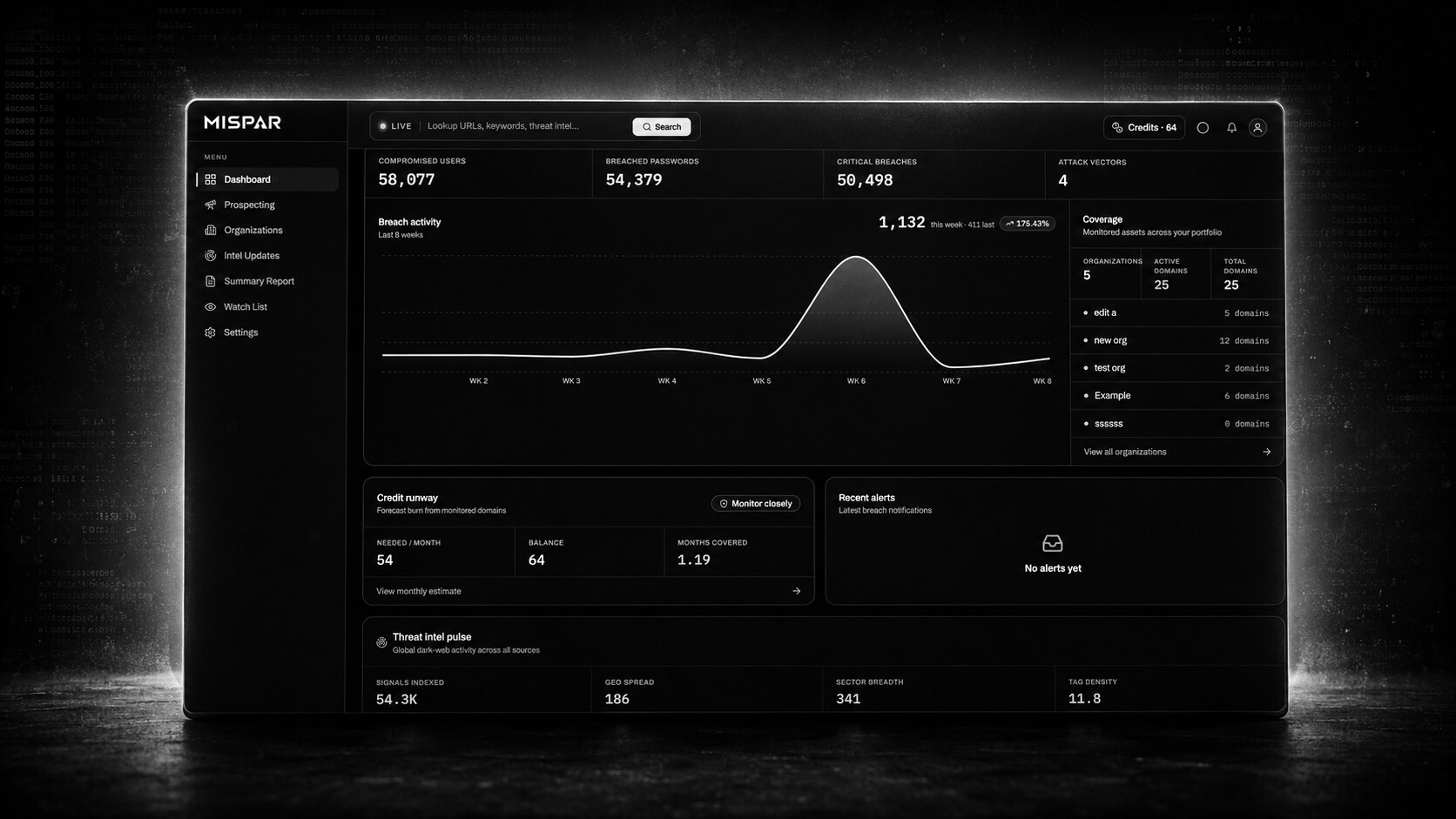 The Mispar dashboard: breach KPIs, an eight-week activity trend, portfolio coverage, and credit runway