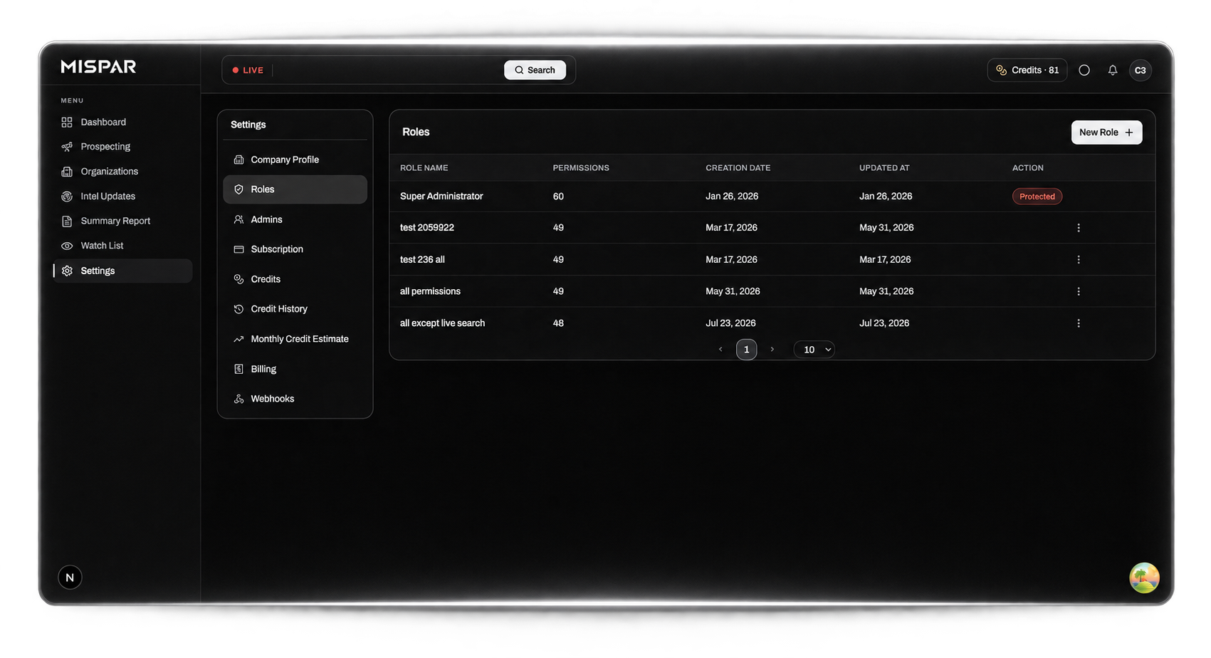 The roles settings screen: each role listed with its permission count, creation and update dates, and a promoted flag