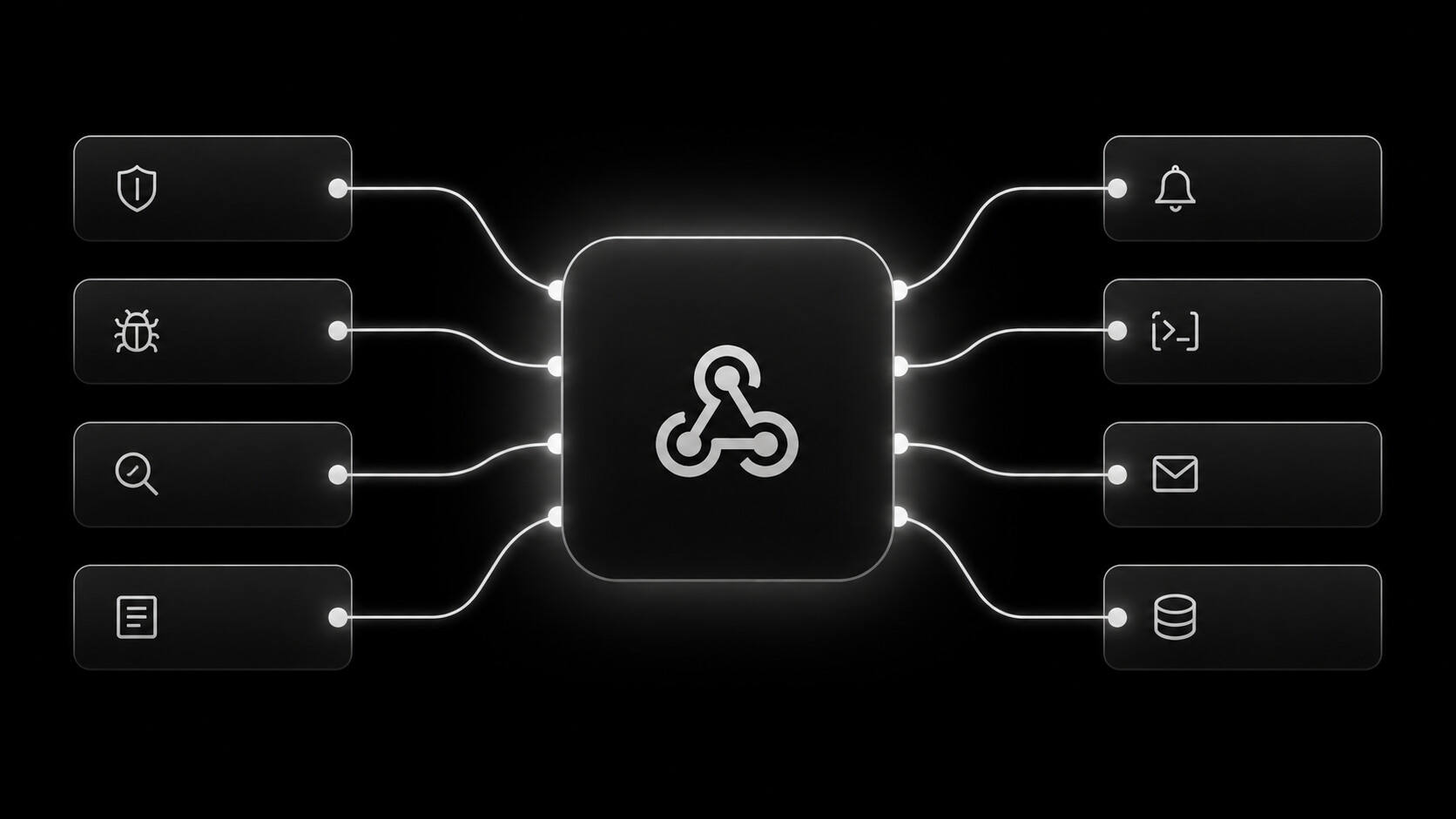 Platform events fanning into a webhook and back out to alerting, terminal, email and database destinations