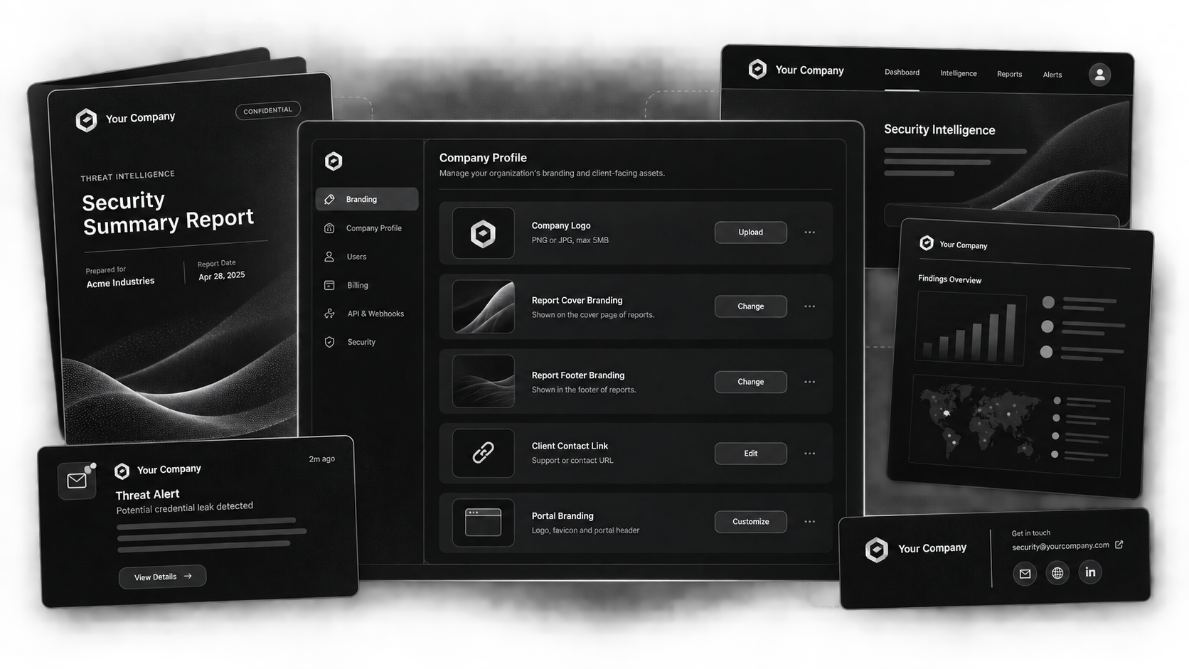 A branded summary report, company profile with logo upload slots, client portal, alert email and dashboards, every surface carrying the reseller's own logo instead of Mispar's