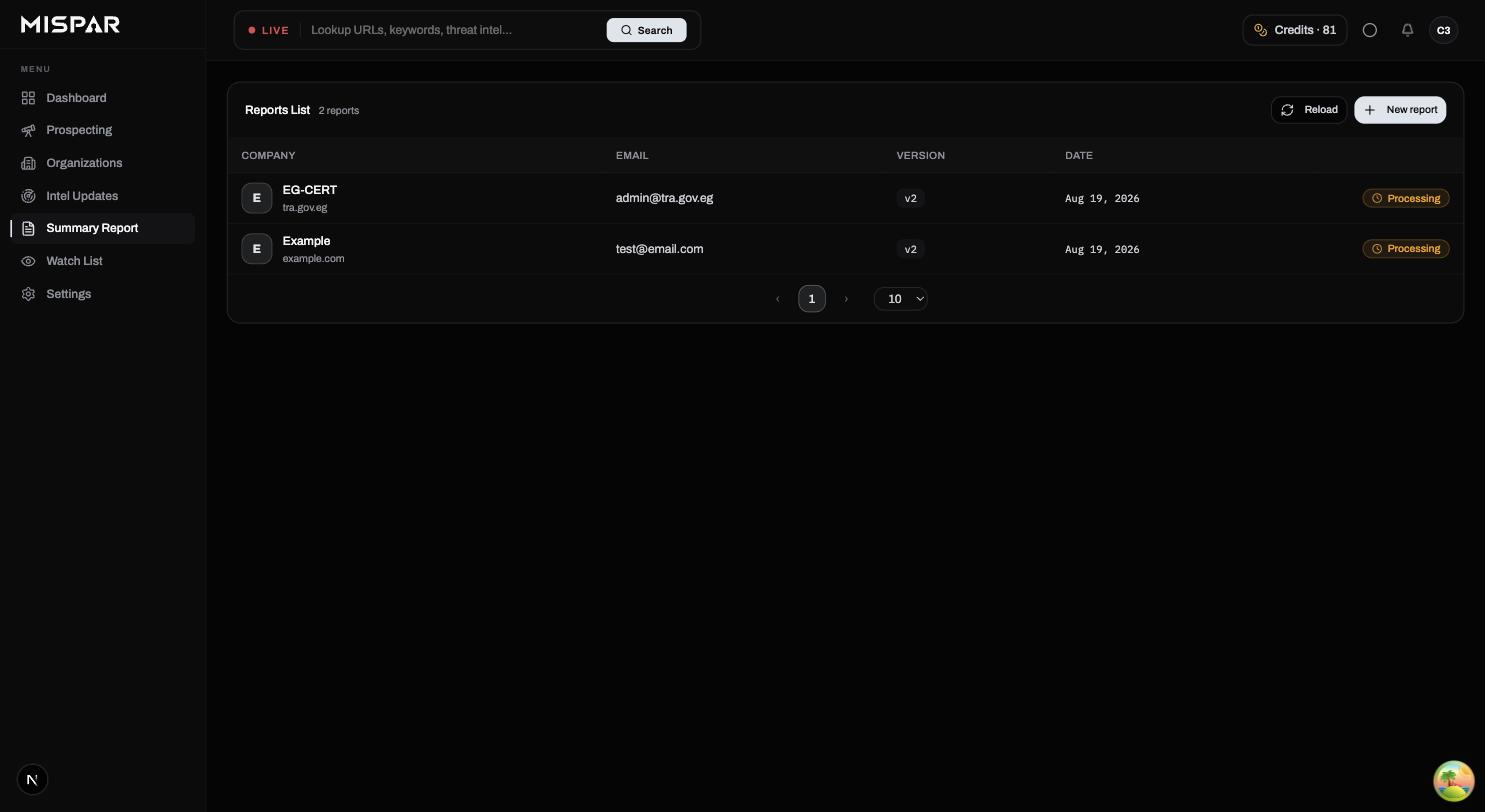 Summary reports list with version and status